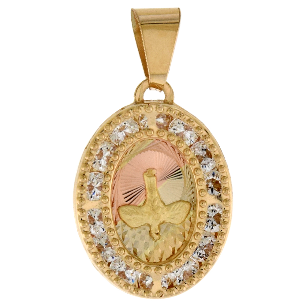 9/16 inch (14mm) Oval Genuine 14K 3-Color Gold Cubic Zirconia Descending Dove Holy Spirit Pendant for Women & Men Diamond Cut Back NO Chain