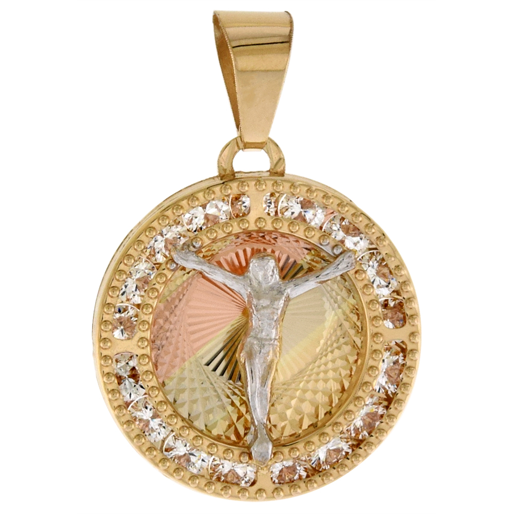 5/8 inch (15mm) Round Genuine 14K 3-Color Gold Cubic Zirconia Body of Christ Pendant for Women & Men Diamond Cut Back NO Chain