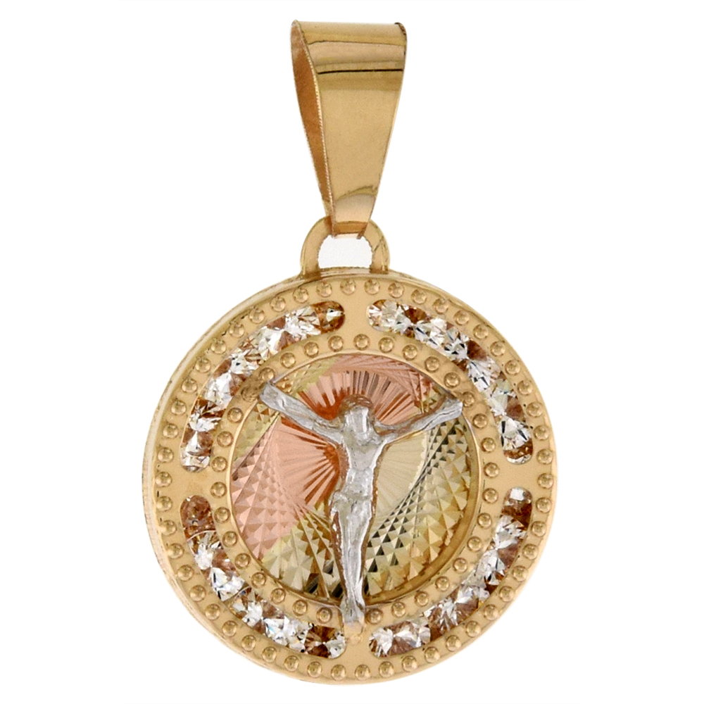 1/2 inch (13mm) Round Genuine 14K 3-Color Gold Cubic Zirconia Body of Christ Pendant for Women & Men Diamond Cut Back NO Chain