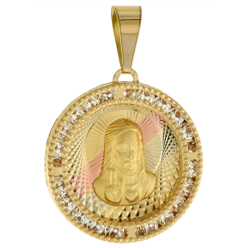 3/4 inch (20mm) Round Genuine 14K 3-Color Gold Cubic Zirconia Sacred Heart of Jesus Pendant for Women & Men Diamond Cut Back NO Chain