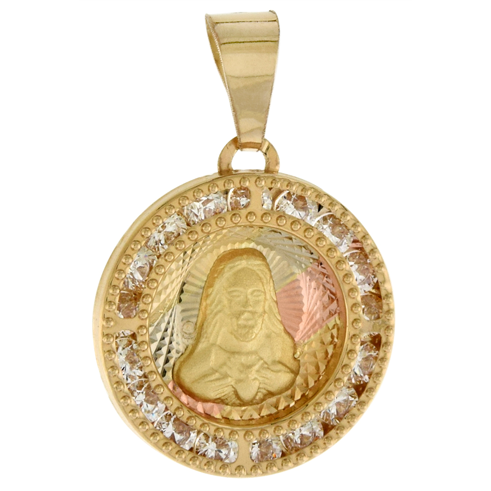 5/8 inch (15mm) Round Genuine 14K 3-Color Gold Cubic Zirconia Sacred Heart of Jesus Pendant for Women & Men Diamond Cut Back NO Chain