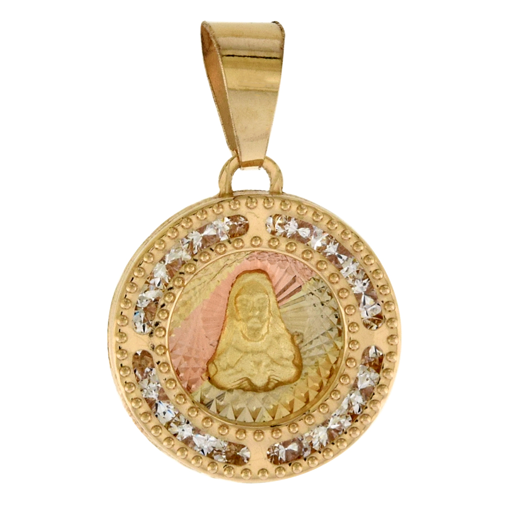 1/2 inch (13mm) Round Genuine 14K 3-Color Gold Cubic Zirconia Sacred Heart of Jesus Pendant for Women & Men Diamond Cut Back NO Chain