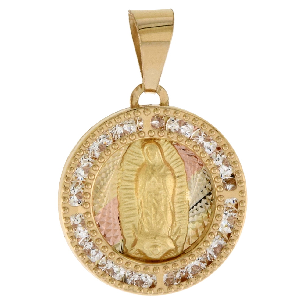 5/8 inch (15mm) Round Genuine 14K 3-Color Gold Cubic Zirconia Guadalupe Pendant for Women & Men Diamond Cut Back NO Chain