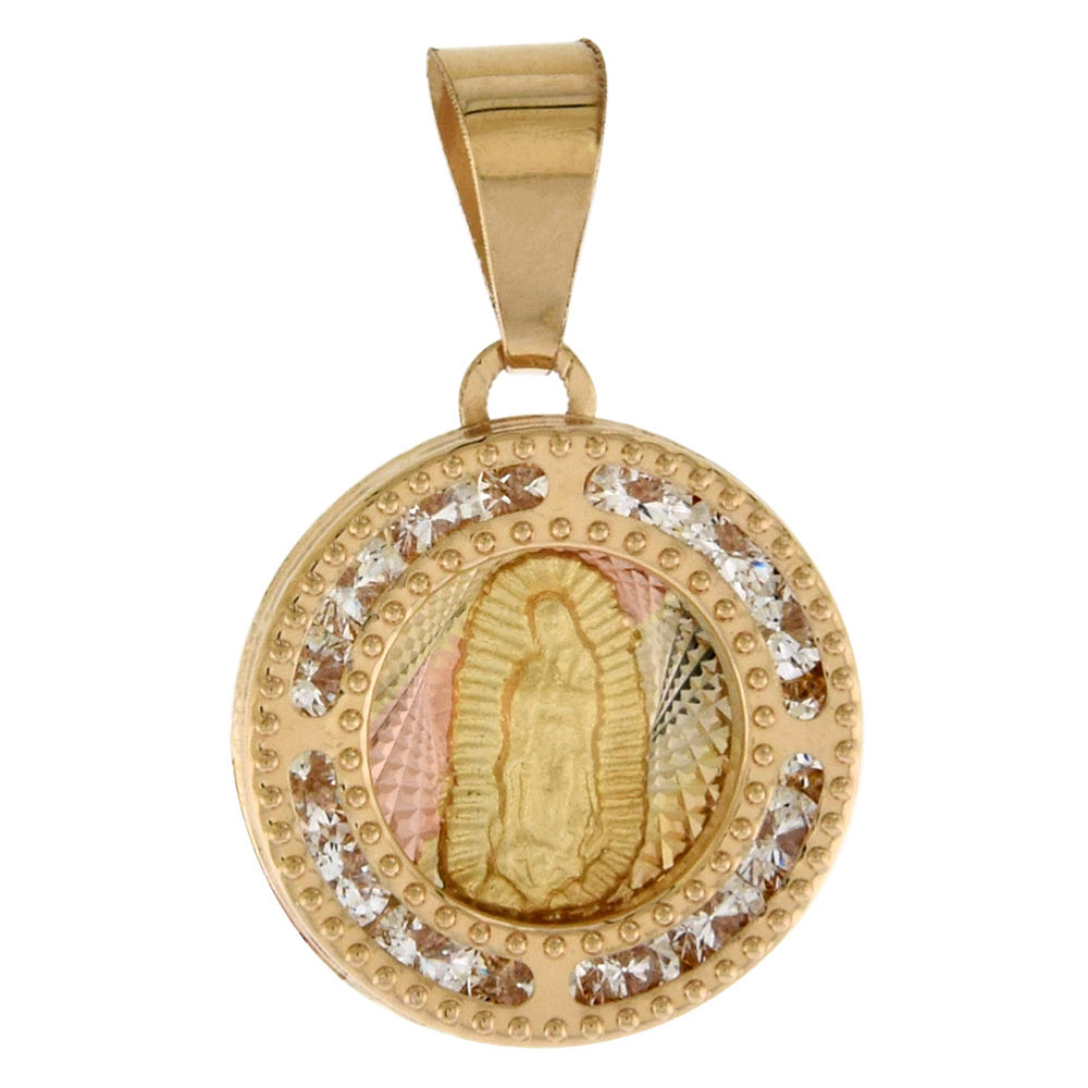 1/2 inch (13mm) Round Genuine 14K 3-Color Gold Cubic Zirconia Guadalupe Pendant for Women & Men Diamond Cut Back NO Chain