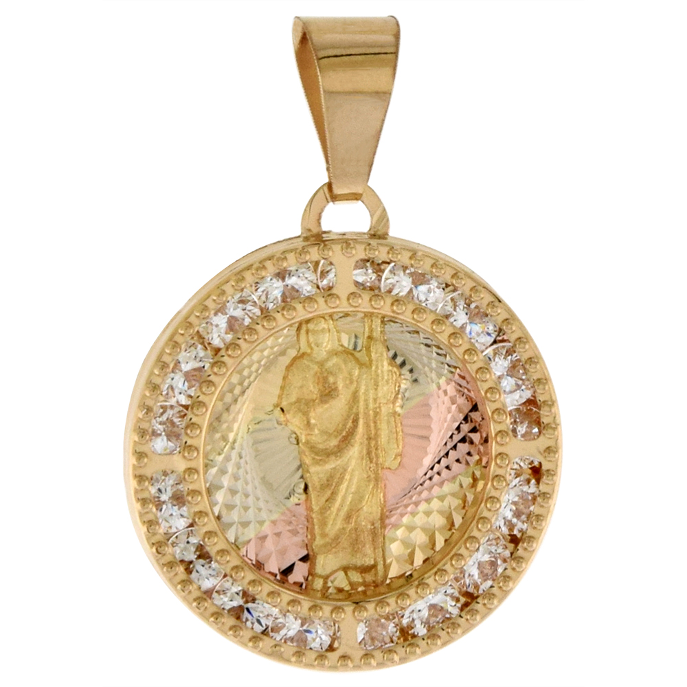 5/8 inch (15mm) Round Genuine 14K 3-Color Gold Cubic Zirconia St Jude Pendant for Women & Men Diamond Cut Back NO Chain