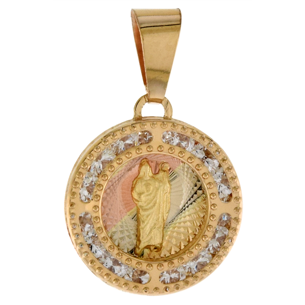 1/2 inch (13mm) Round Genuine 14K 3-Color Gold Cubic Zirconia St Jude Pendant for Women & Men Diamond Cut Back NO Chain