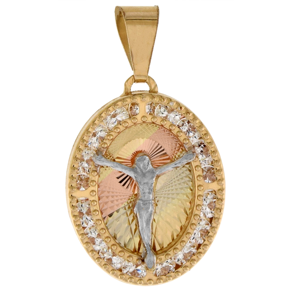 5/8 inch (17mm) Oval Genuine 14K 3-Color Gold Cubic Zirconia Body of Christ Pendant for Women & Men Diamond Cut Back NO Chain