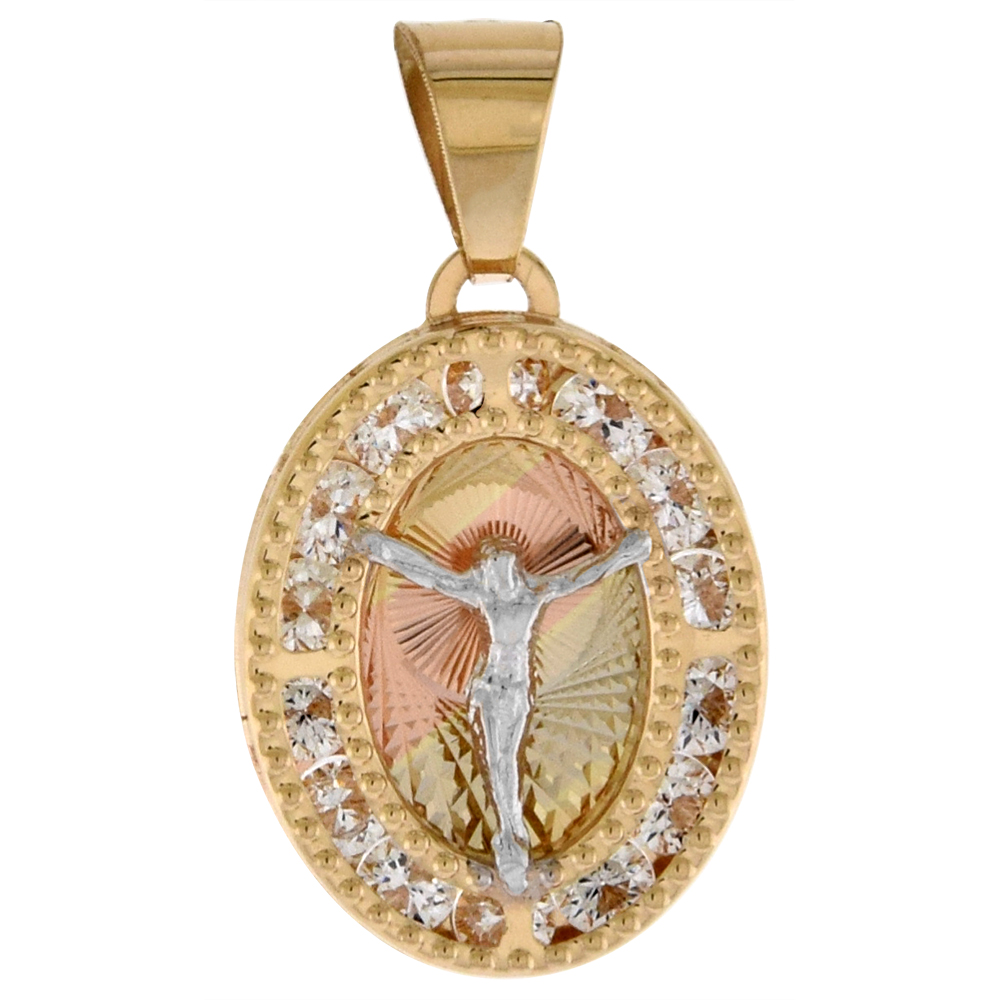 1/2 inch (14mm) Oval Genuine 14K 3-Color Gold Cubic Zirconia Body of Christ Pendant for Women & Men Diamond Cut Back NO Chain