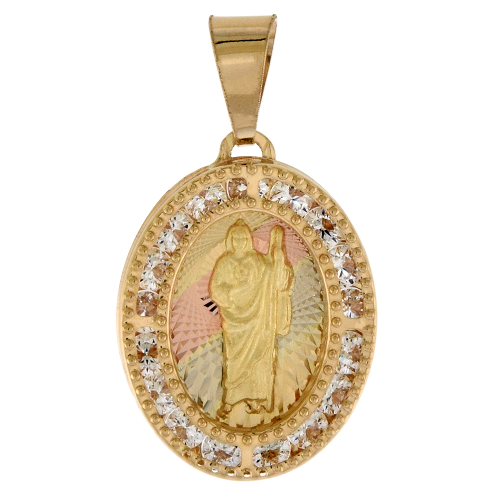 5/8 inch (17mm) Oval Genuine 14K 3-Color Gold Cubic Zirconia St Jude Pendant for Women & Men Diamond Cut Back NO Chain