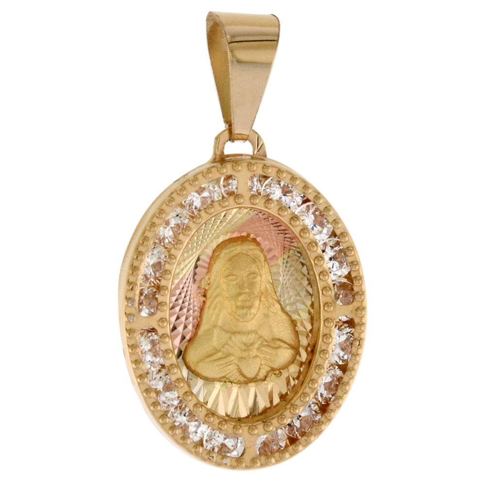 5/8 inch (17mm) Oval Genuine 14K 3-Color Gold Cubic Zirconia Sacred Heart of Jesus Pendant for Women & Men Diamond Cut Back NO Chain