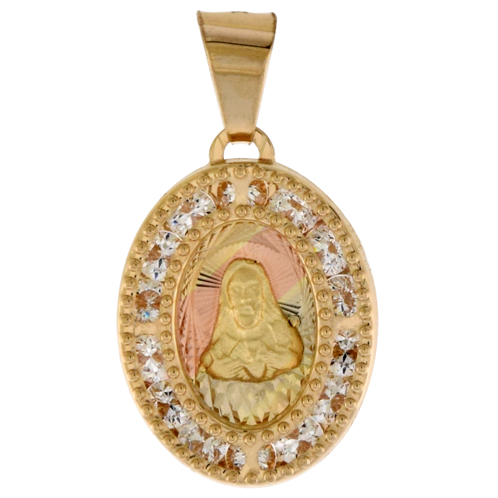 1/2 inch (14mm) Oval Genuine 14K 3-Color Gold Cubic Zirconia Sacred Heart of Jesus Pendant for Women & Men Diamond Cut Back NO Chain