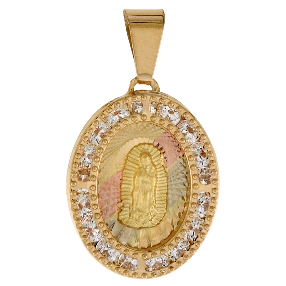 5/8 inch (17mm) Oval Genuine 14K 3-Color Gold Cubic Zirconia Guadalupe Pendant for Women & Men Diamond Cut Back NO Chain