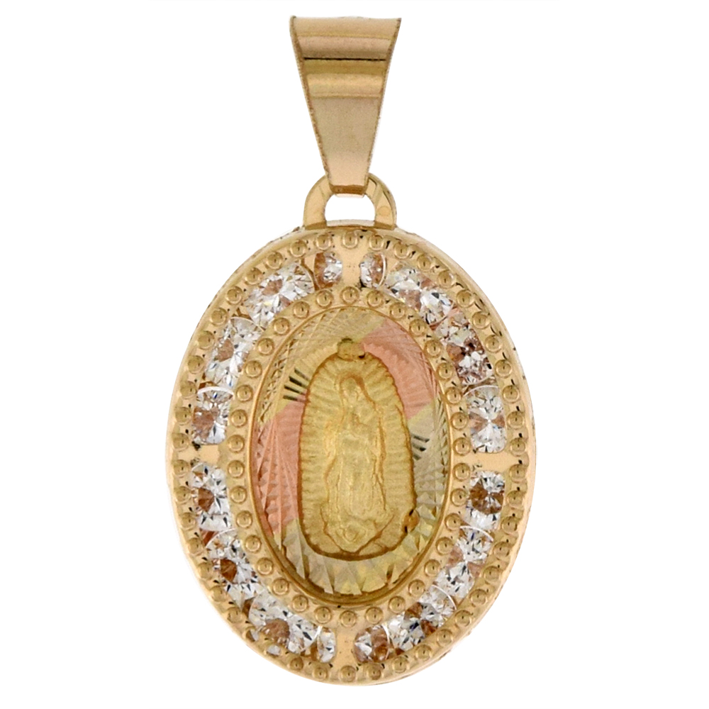 1/2 inch (14mm) Oval Genuine 14K 3-Color Gold Cubic Zirconia Guadalupe Pendant for Women & Men Diamond Cut Back NO Chain