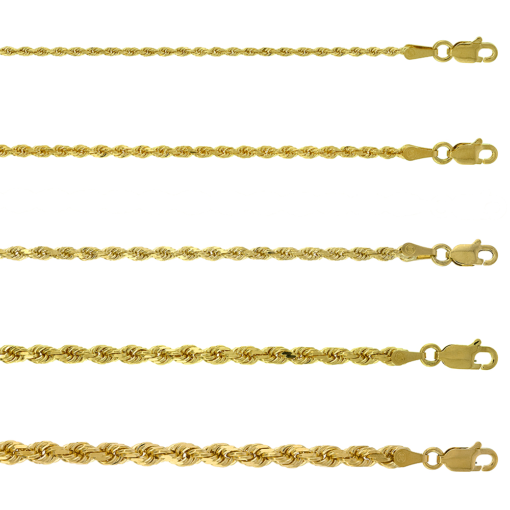 Solid Yellow 14K Gold Rope Chain Necklace 1.5 mm - 4mm Diamond-Cut Assorted Lengths Available