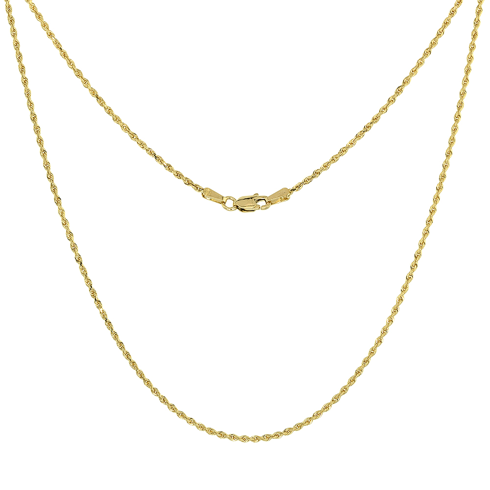 Solid Yellow 14K Gold 1.5mm Diamond Cut Rope Chain Necklaces & Bracelets for Men and Women 7-30 inches long