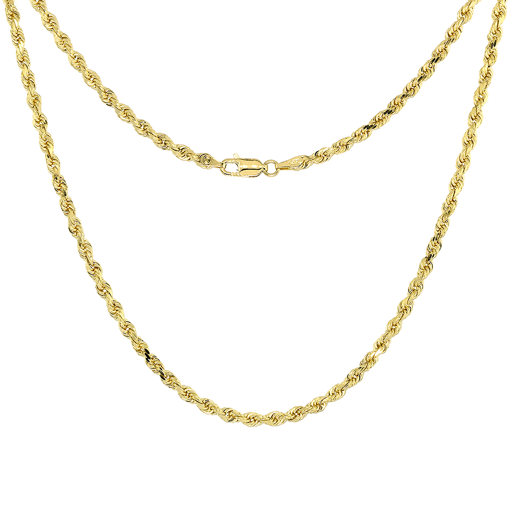 Solid Yellow 14K Gold 3mm Diamond Cut Rope Chain Necklaces & Bracelets for Men and Women 8-30 inches long