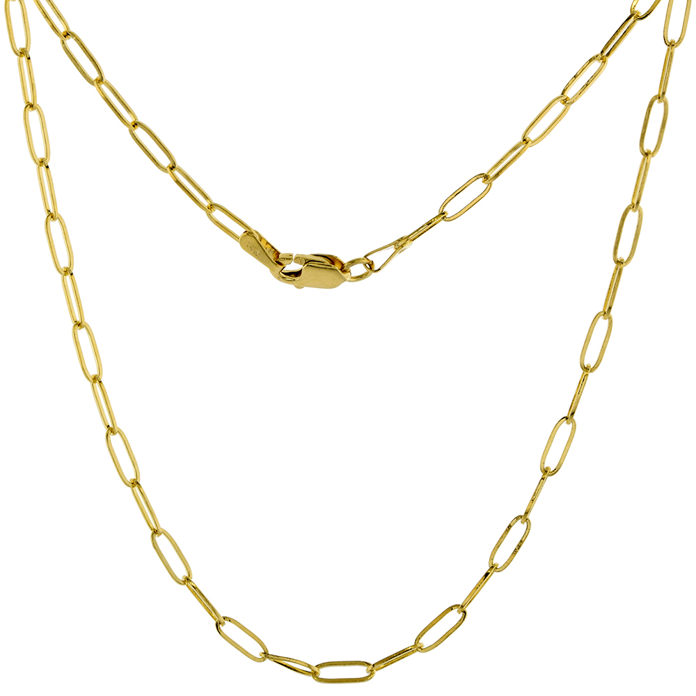 Solid 14k Gold 2mm Paperclip Chain Necklaces & Bracelets for Women High Polished Lobster Clasp 7 to 30 inch