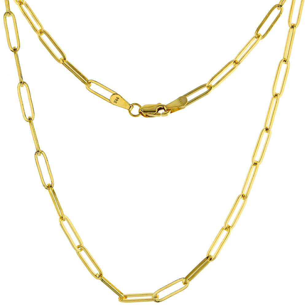 Solid 14k Gold 3mm Paperclip Chain Necklaces & Bracelets for Women High Polished Lobster Clasp 7 to 30 inch