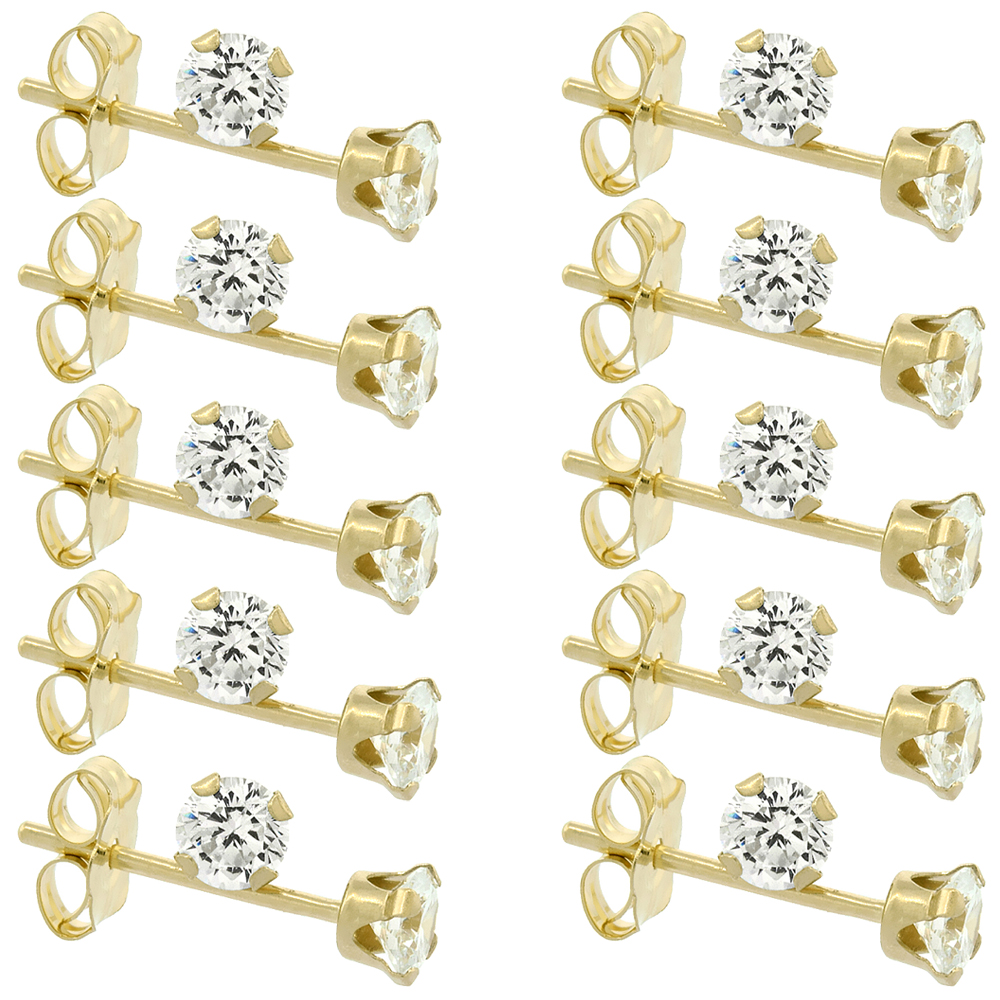 10-Pair Pack 14k Yellow Gold 3mm Cubic Zirconia Earrings Studs Cartilage Nose 4 prong 1/4 ct/pr