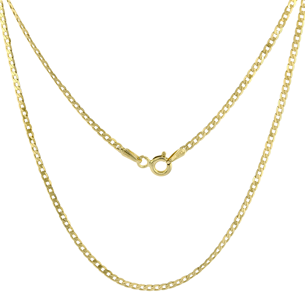 10K Yellow Gold 2mm Cuban Link Curb Chain Necklaces for Women and Men Concaved Beveled Edges sizes 16-26 inch