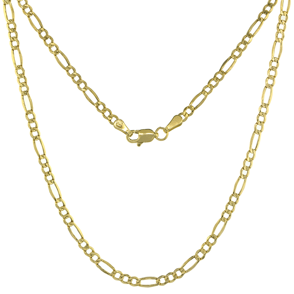 Hollow 10K Gold 2.5mm Figaro Link Chain Necklace for Men & Women 7-24 inch long