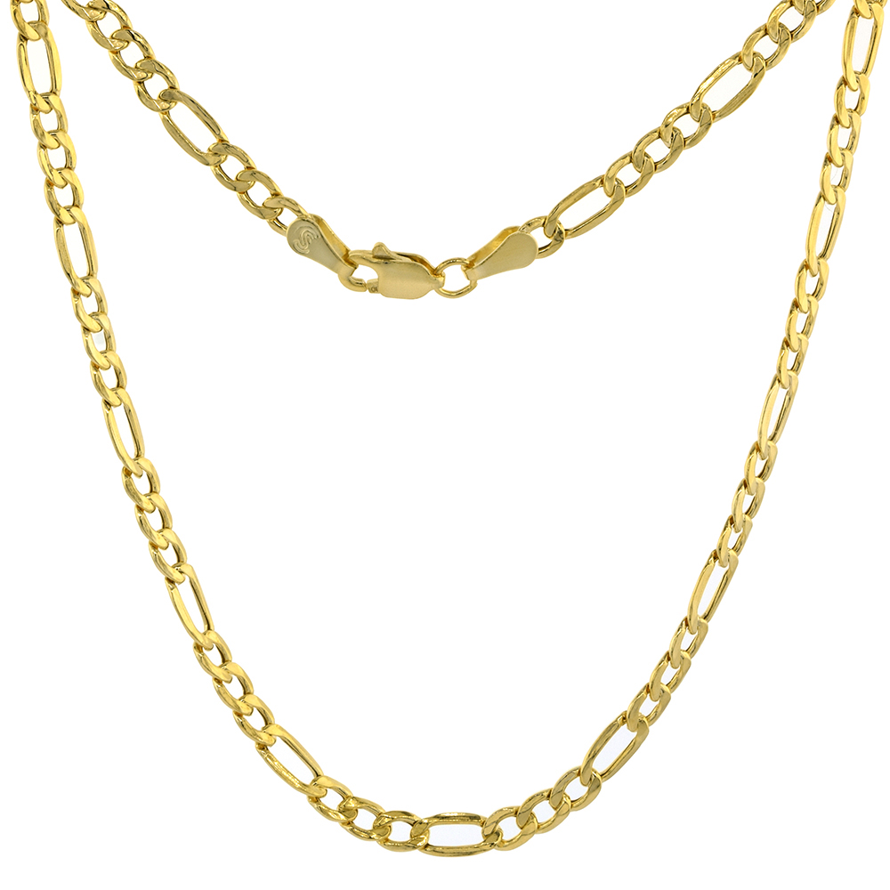 Hollow 10K Gold 3.5mm Figaro Link Chain Necklace for Men & Women 7-30 inch long