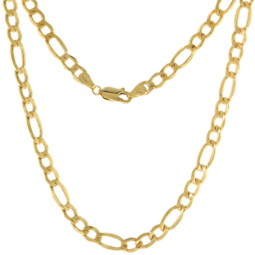 Hollow 10K Gold 6mm Figaro Link Chain Necklace for Men & Women 7-30 inch long