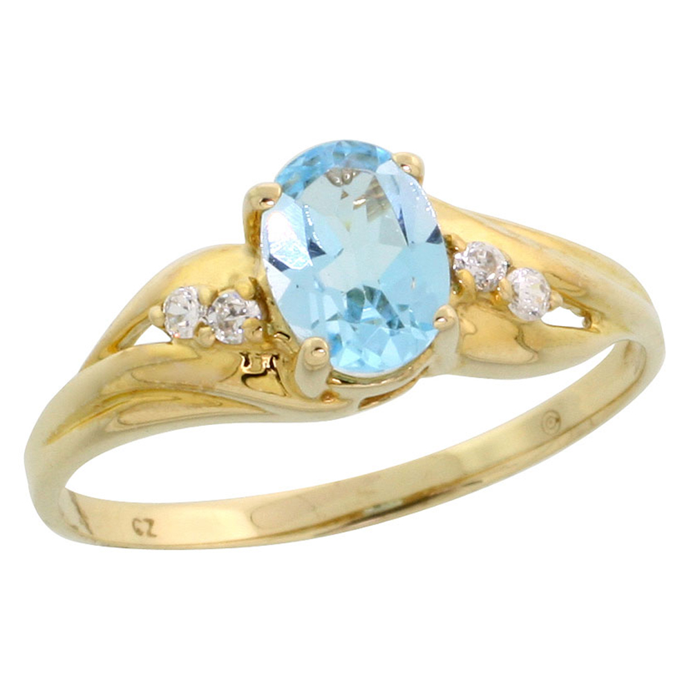 Dainty 10k Gold Genuine Blue Topaz Ring for Women 7x5 mm Oval CZ Accent 3/8 inch wide