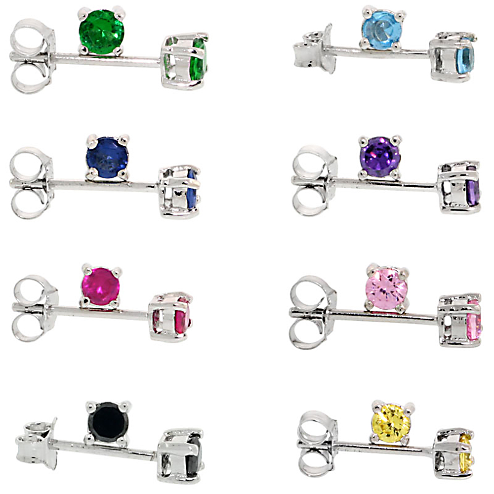8 Colors Set Sterling Silver CZ Stud Earrings 1/4 carats/pr Basket Setting Rhodium Finish Assorted Colors