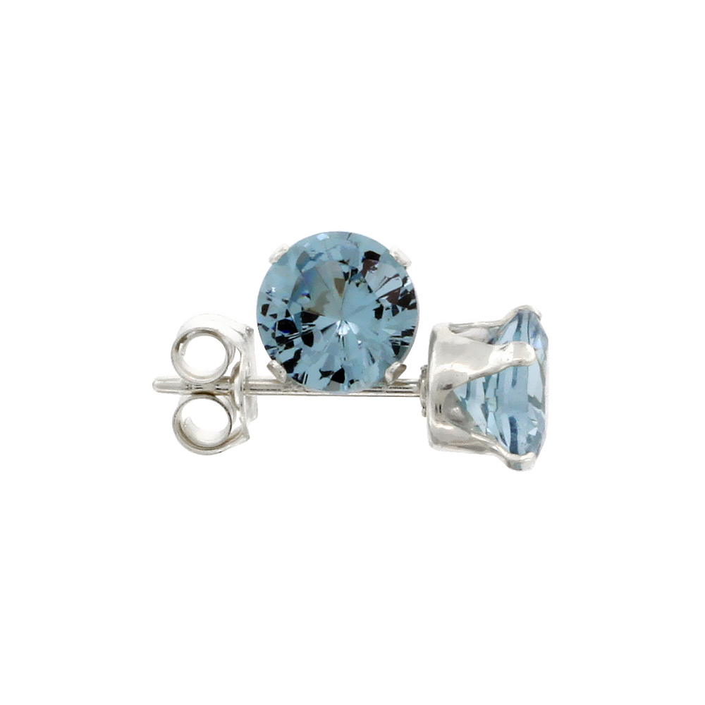 Sterling Silver Brilliant Cut Cubic Zirconia Stud Earrings 5 mm Topaz Blue Color 1 ct/pr
