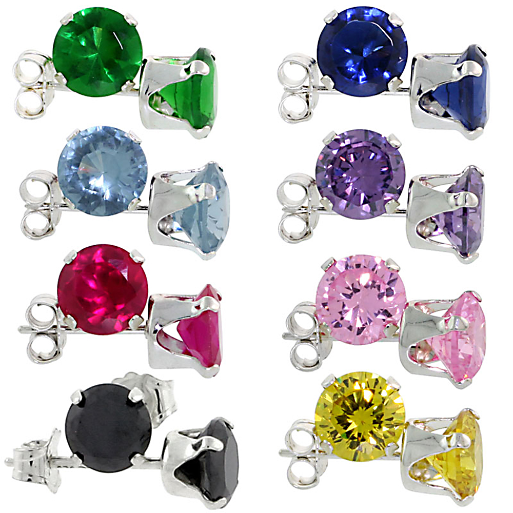 8-Pair Set Sterling Silver Color CZ Stud Earrings 6 mm Round Brilliant Cut Emerald Blue Sapphire Blue Topaz Amethyst Ruby Pink Black & Citrine