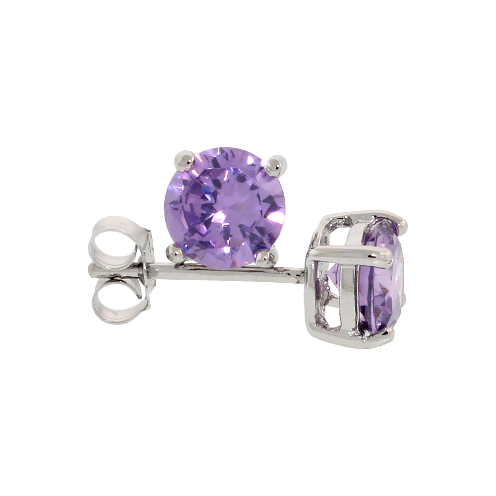 Sterling Silver CZ Amethyst Earrings Studs Purple Color 6 mm Platinum Coated Basket Setting 2 carat/pr