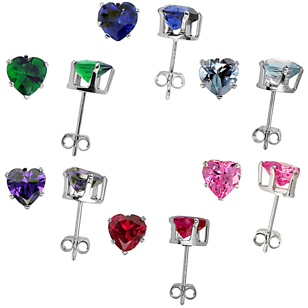 6 Color Set Sterling Silver CZ Heart Earrings Studs 6 mm Emerald Blue Topaz Sapphire Amethyst Pink & Ruby