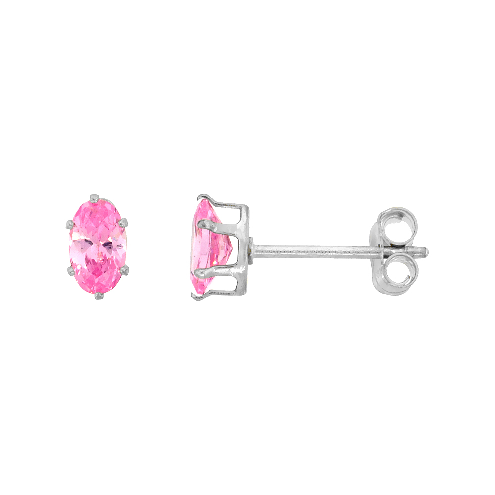 Sterling Silver Pink Color 5x3mm Oval Cubic Zirconia Earrings Studs 1.5 carat/pair