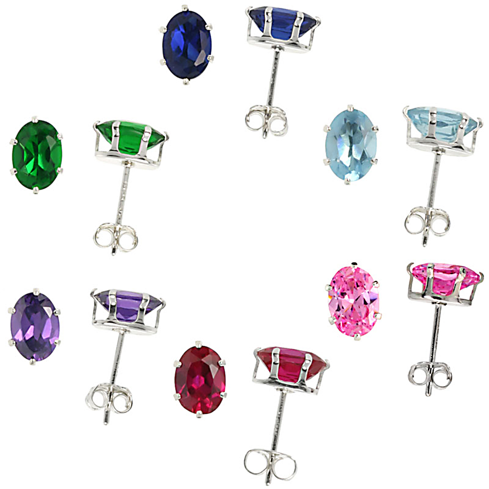 6 Color Set Sterling Silver Cubic Zirconia 6x4mm 7x5mm Oval Earrings Studs Emerald, Blue Sapphire, Blue Topaz, Amethyst, Ruby & Pink