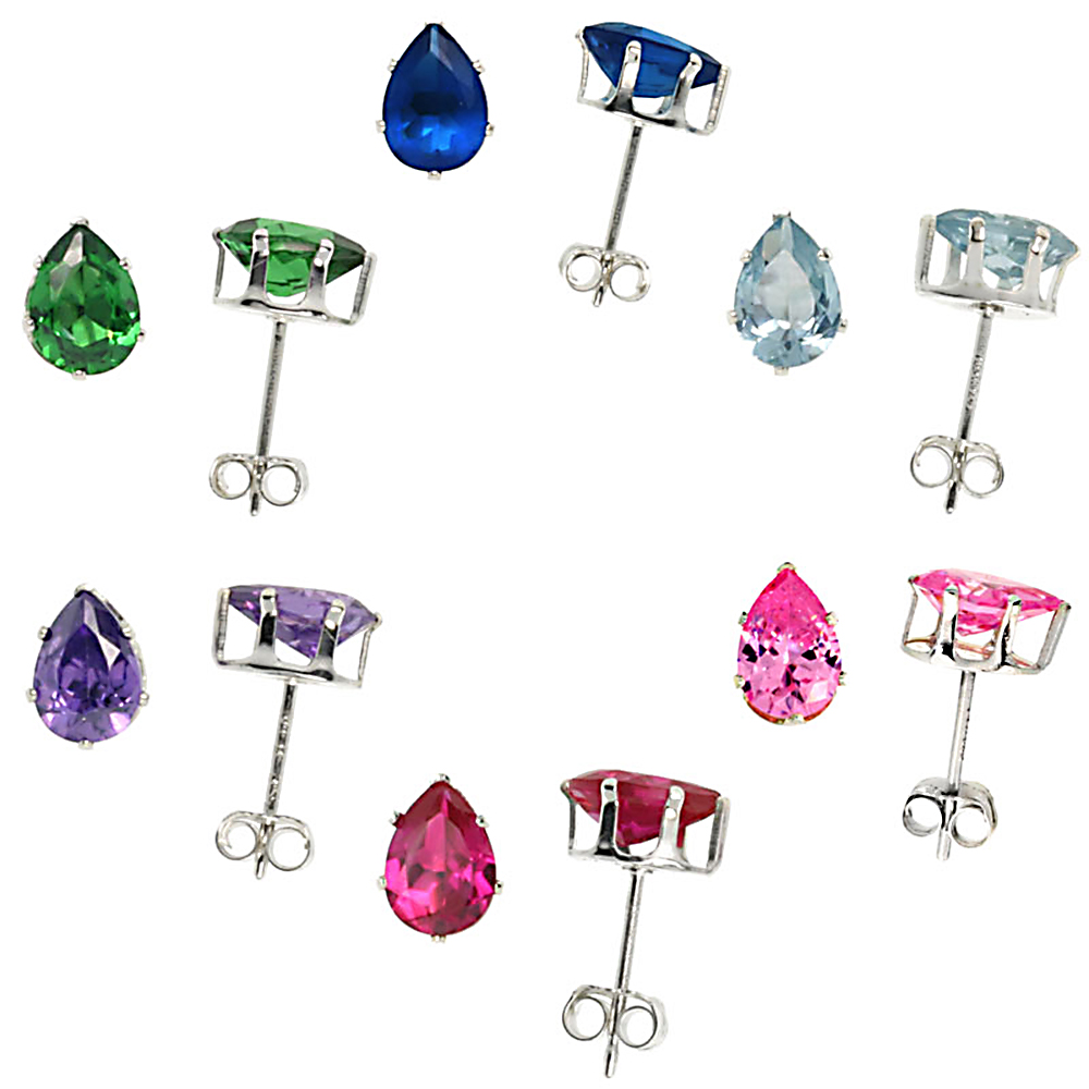 6-Pair Set Sterling Silver Cubic Zirconia Teardrop Earrings Studs 3/4 carat/pair Emerald, Blue Sapphire, Blue Topaz, Amethyst, Ruby & Pink