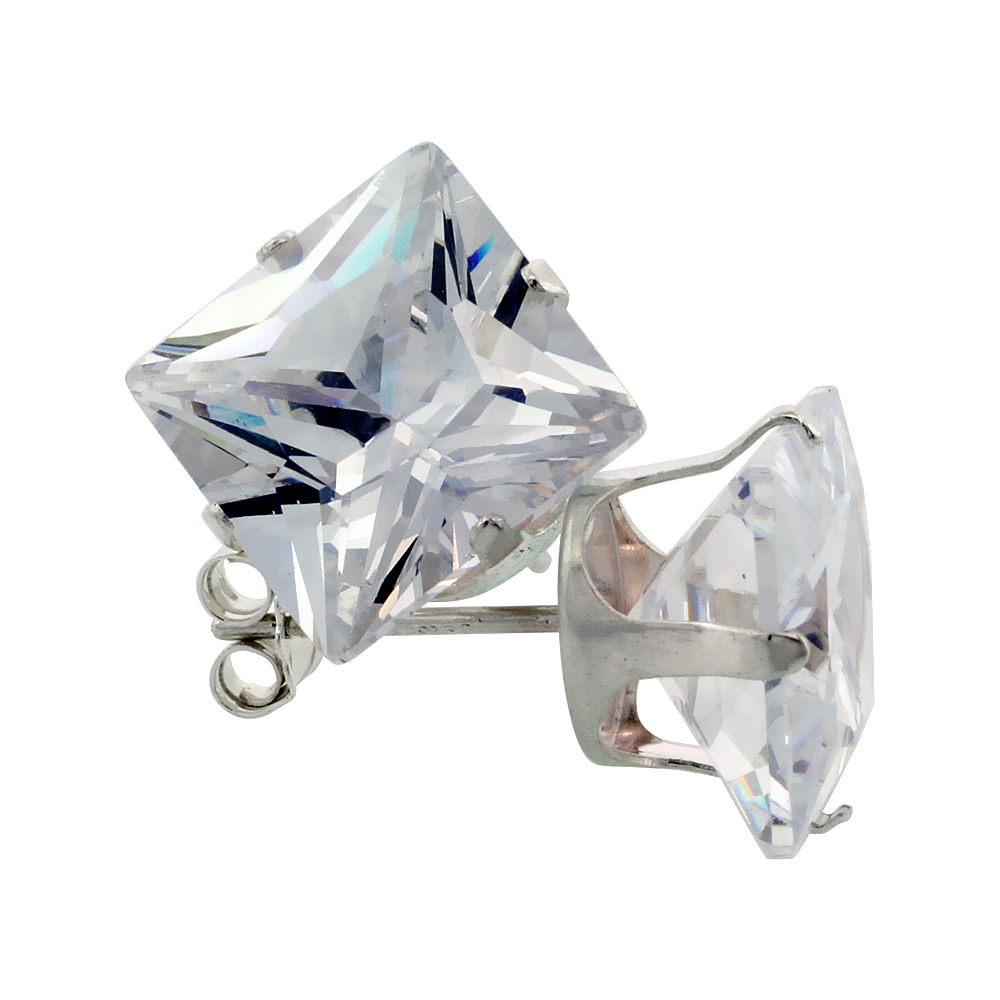 3 Pair Set Sterling Silver Cubic Zirconia Square Earrings Studs 4 Prong 10 mm Princess cut 11 ct./pr