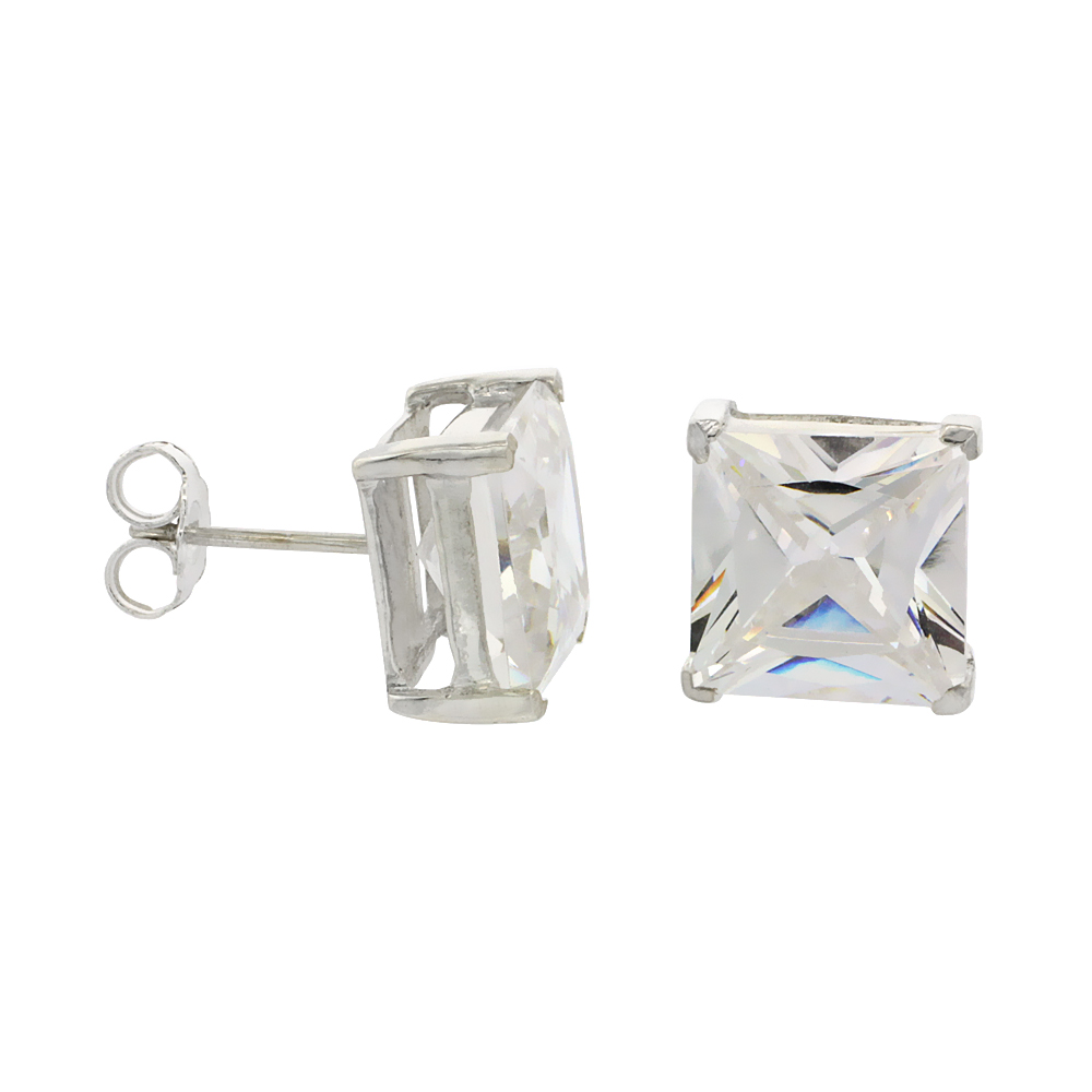 Sterling Silver Cubic Zirconia Square Earrings Studs 10 mm Princess cut Basket Setting 11 ct./pr