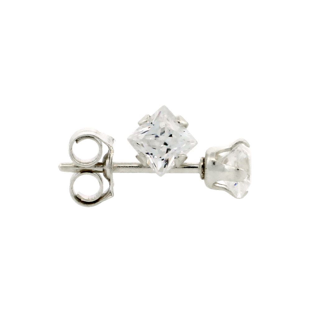 3 Pair Set Sterling Silver Cubic Zirconia Square Earrings Studs 4 Prong 3 mm Princess cut 1/3 ct./pr