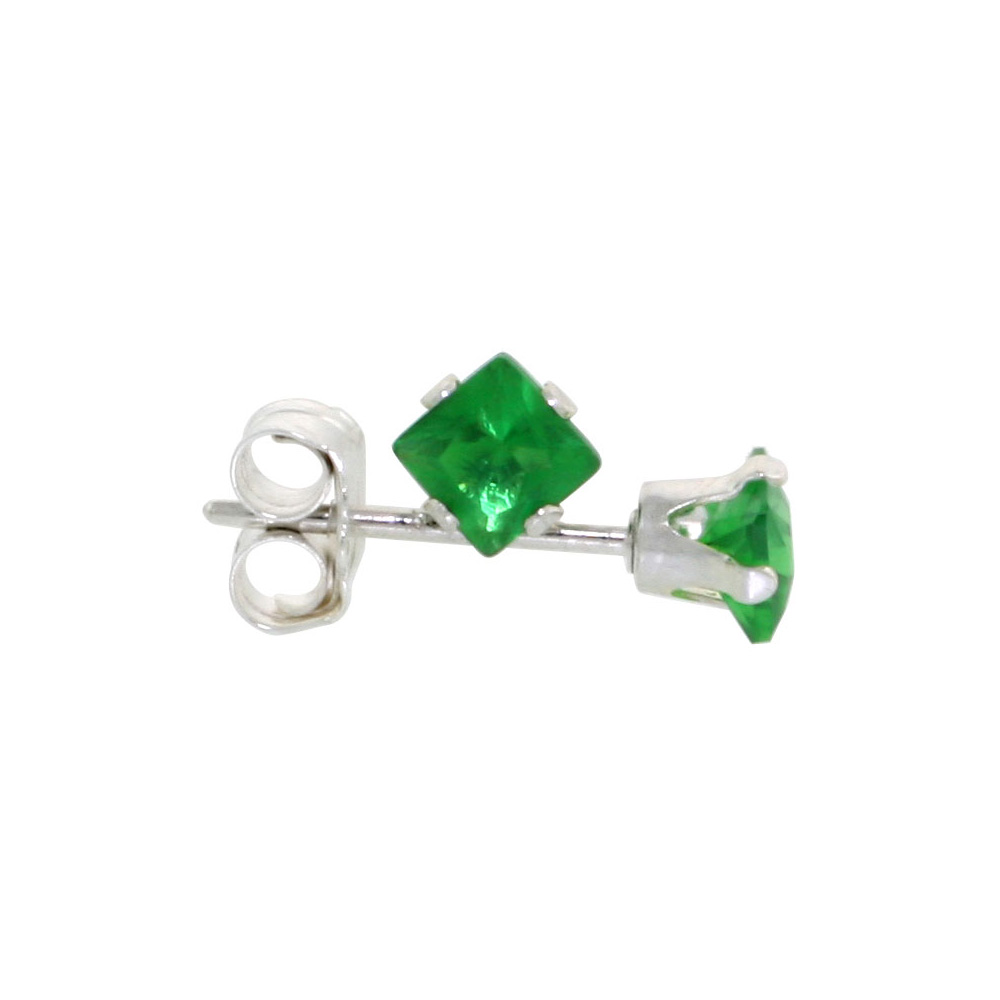 3 Pair Set Sterling Silver Cubic Zirconia Square Emerald Earrings Studs 3 mm Green Color Princess cut 1/5 ct./pr