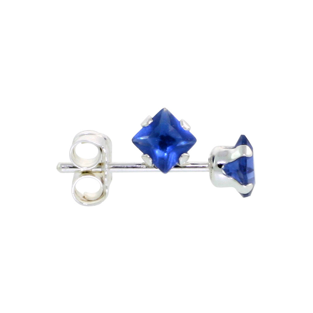 3 Pair Set Sterling Silver Cubic Zirconia Square Sapphire Earrings Studs 3 mm Navy color 1/5 ct./pr