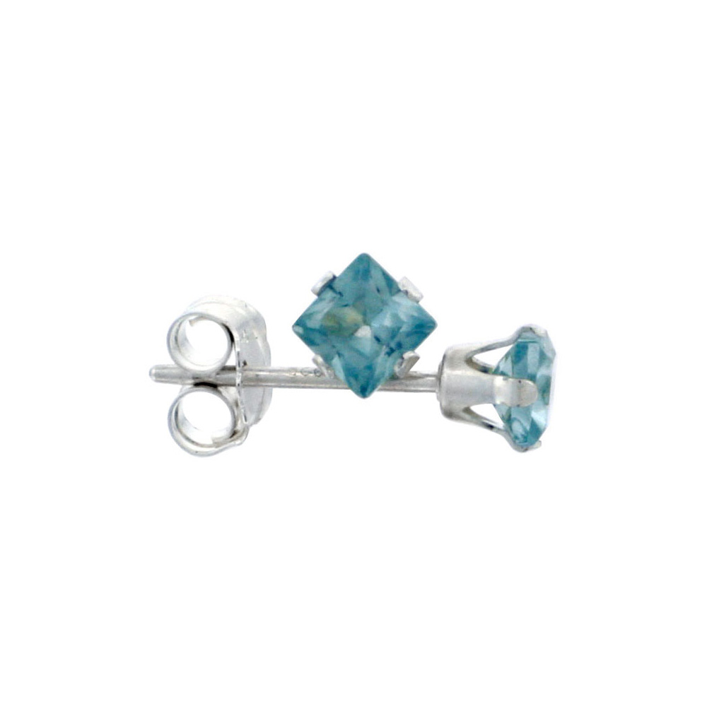 3 Pair Set Sterling Silver Cubic Zirconia Square Blue Topaz Earrings Studs 3 mm 1/5 ct./pr
