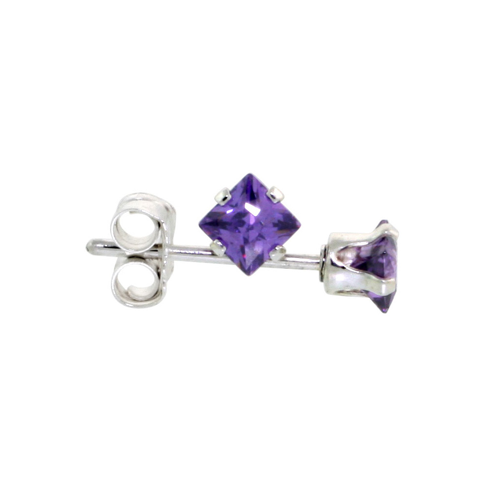 3 Pair Set Sterling Silver Cubic Zirconia Square Amethyst Earrings Studs 3 mm Purple Color 1/5 ct./pr