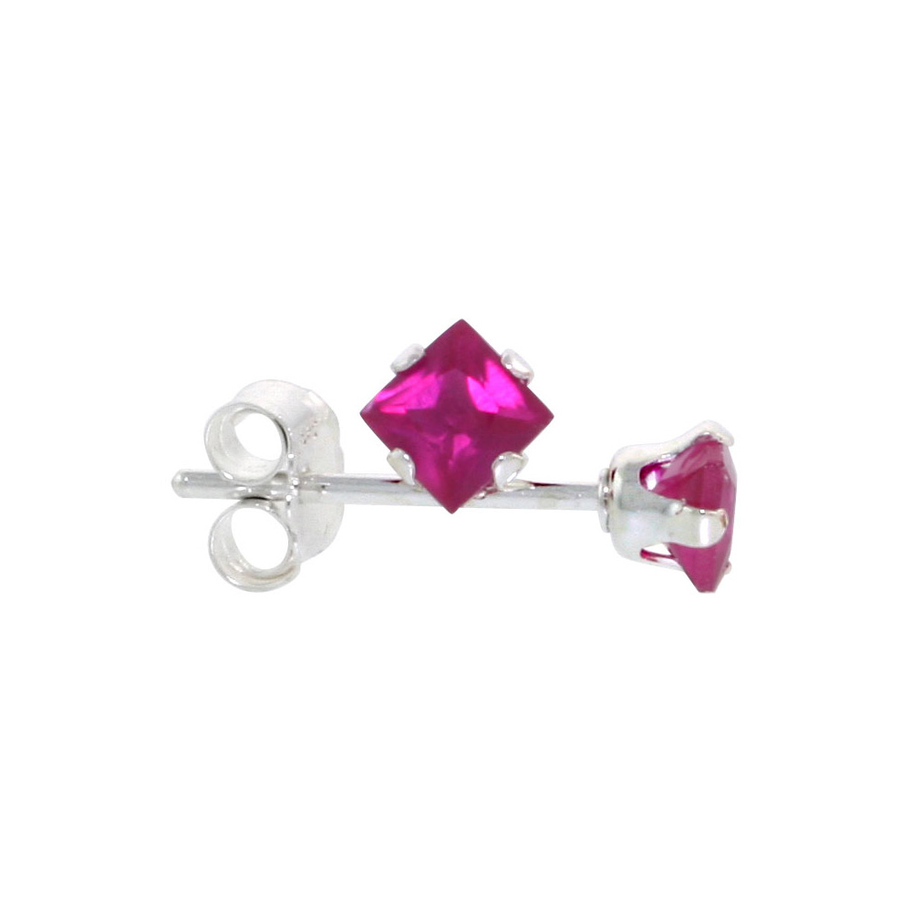 3 Pair Set Sterling Silver Cubic Zirconia Square Ruby Earrings Studs 3 mm Red Color 1/5 ct./pr