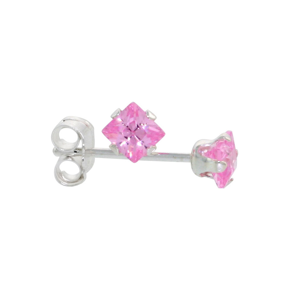 3 Pair Set Sterling Silver Cubic Zirconia Square Pink Earrings Studs 3 mm 1/5 ct./pr