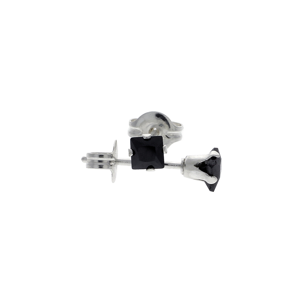 3 Pair Set Sterling Silver Cubic Zirconia Square Black Earrings Studs 3 mm princess cut 1/5 ct./pr