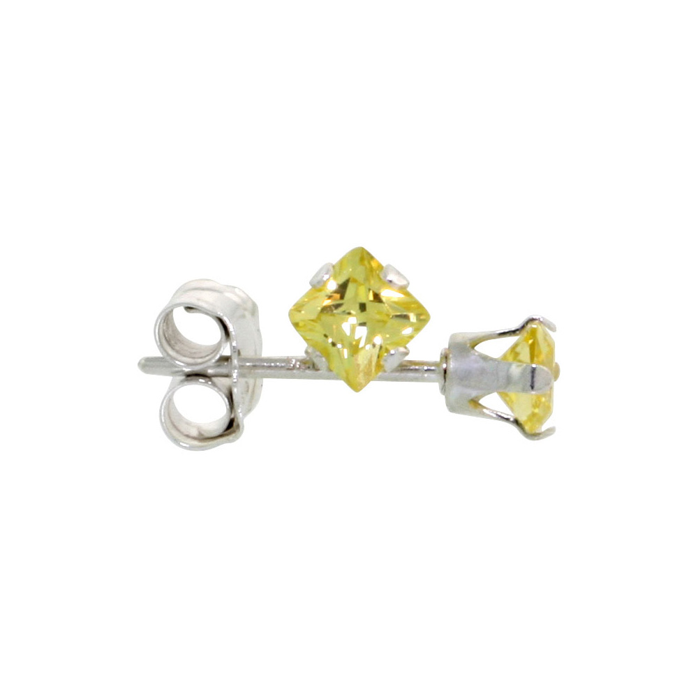 3 Pair Set Sterling Silver Cubic Zirconia Square Citrine Earrings Studs 3 mm Yellow 1/5 ct./pr