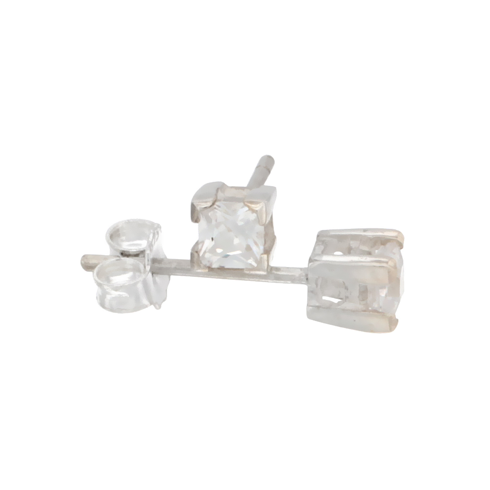 Sterling Silver Cubic Zirconia Square Earrings Studs 3 mm Princess cut Basket Setting 1/3 ct./pr