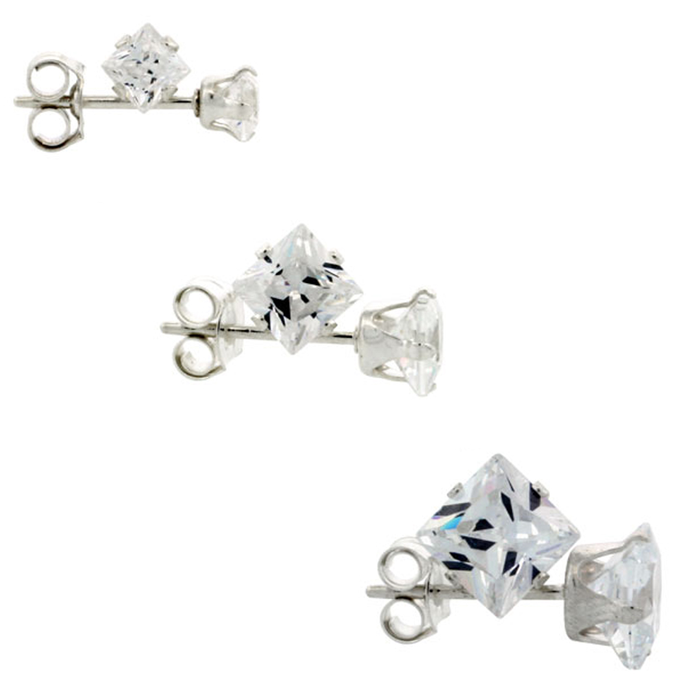 3 Pair Set Sterling Silver Cubic Zirconia Square Earrings Studs 3 4 and 5mm Princess cut