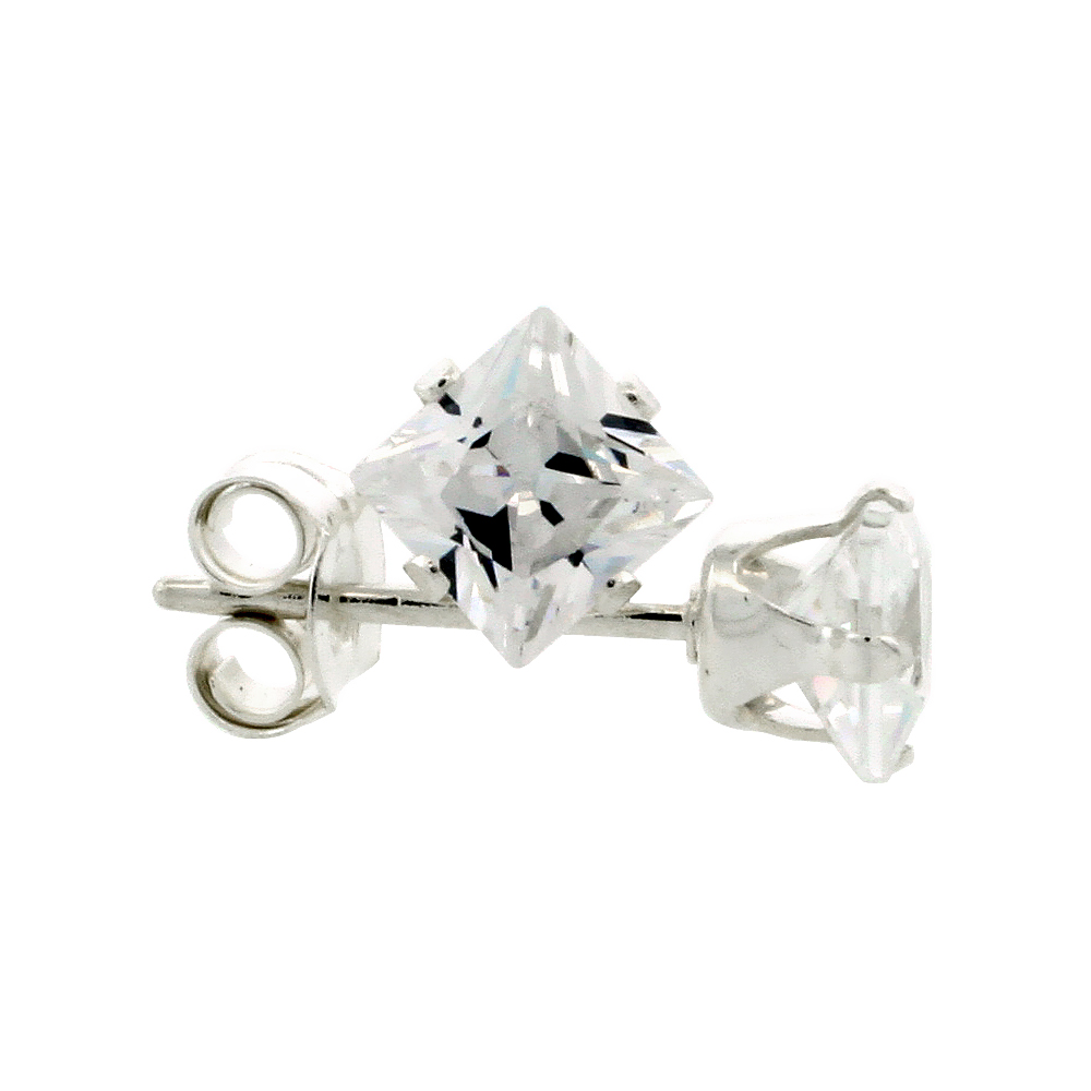 3 Pair Set Sterling Silver Cubic Zirconia Square Earrings Studs 4 Prong 4 mm Princess cut 0.80 ct./pr
